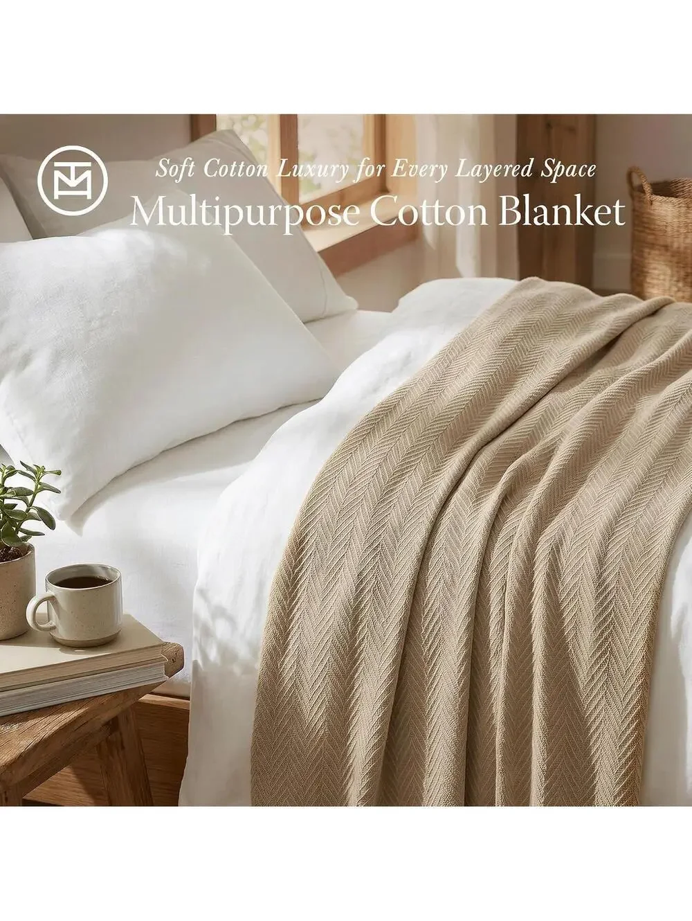Threadmill Luxury 100% Cotton Twin Herringbone Blanket, Beige, 68 x 92
